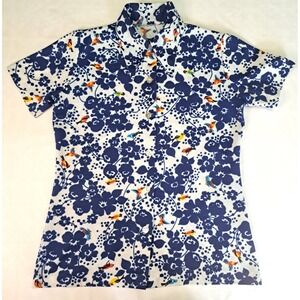Vintage M Floral/Avian Blue & White Dagger Point Collar Mod Retro Colorful FLAWS